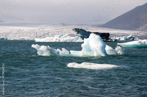 Jokulsarlon Iceland, iceberg on lagoon with glacier in background