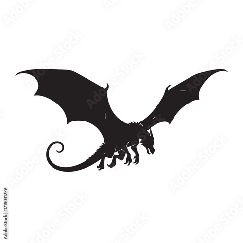 Black vector illustration of a flying eagle silhouette beside a cartoon dolphin and a wild shark swimming in the ocean water