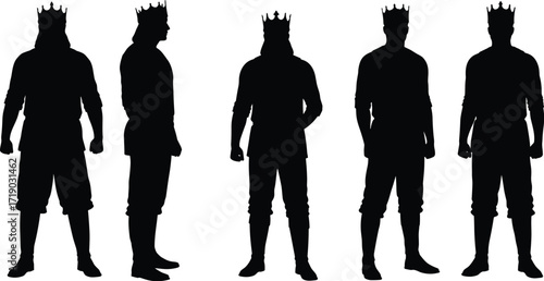 Silhouettes of a king or royal figure in various poses, representing monarchy, power, royalty, and historical authority.