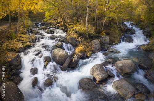 Riquerna River Flows Through Vibrant Autumn Foliage in Pallars Jussa, Catalonia