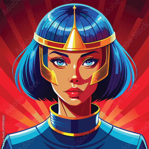Stylized portrait of a futuristic warrior woman with blue hair and golden helmet