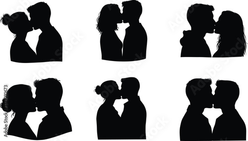 Silhouettes of couples kissing, showing love, affection, romance, and intimate moments between a man and a woman.