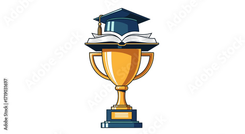 Academic Achievement Trophy Illustration A Symbol of Education, Success, and Knowledge. Depicting a Graduation Cap, Open Book, and Golden Cup, perfect for Educational Concepts