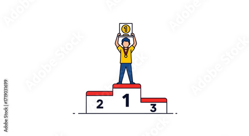 Illustration of a person standing on a podium, holding a trophy, and representing victory and achievement, symbolizing success, awards, and competition in a minimalist style