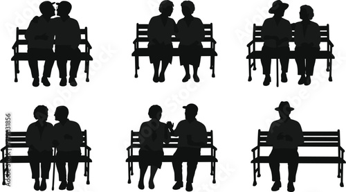 Silhouettes of elderly couples sitting on benches, representing companionship, old age, retirement, and peaceful moments together.