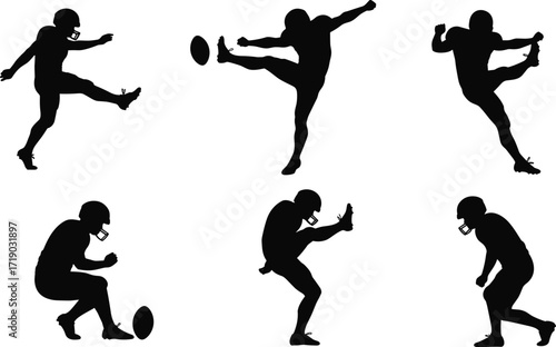 Silhouettes of a soccer player in various poses, showcasing action, sport, and athletic skill with a ball.