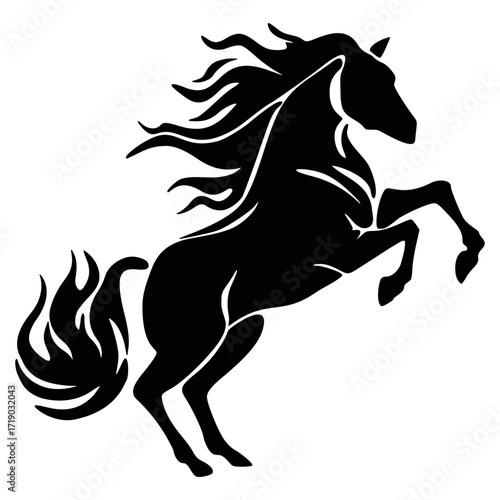 Fiery horse rearing silhouette, black vector illustration on white 
