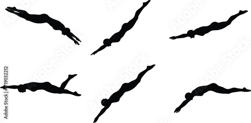 Silhouettes of a swimmer diving or in motion, symbolizing water sports, fitness, and athletic movement.