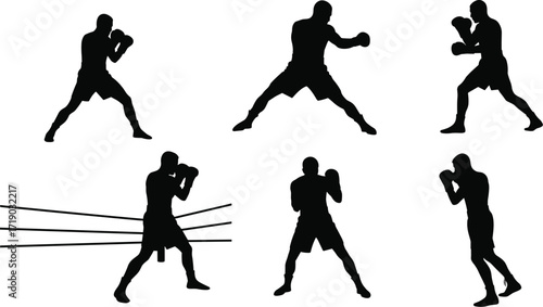 Silhouettes of male boxers in various poses, representing combat sports, fitness, and powerful athletic training.