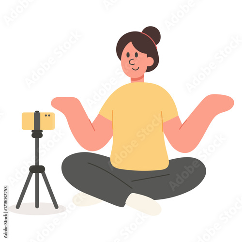 Vector cartoon illustration of woman live streaming with a smartphone. Online content creation, social media, and digital lifestyle concept.