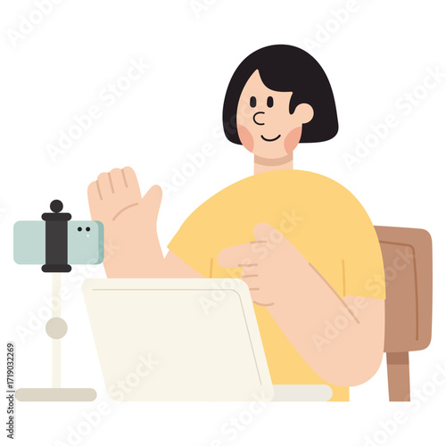 Vector cartoon illustration of woman live streaming with a smartphone. Online content creation, social media, and digital lifestyle concept.