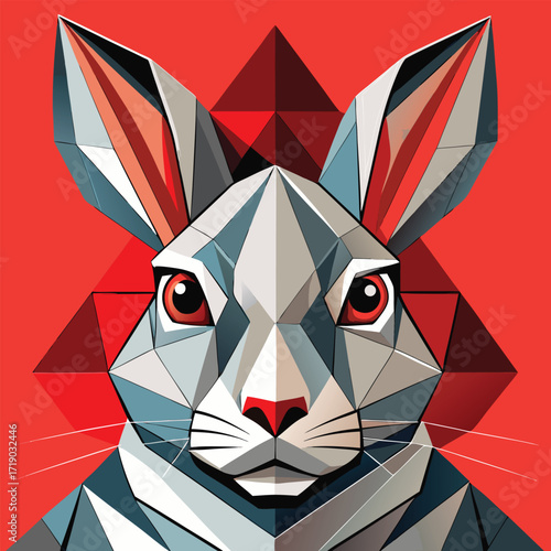 Geometric rabbit portrait with red accents and abstract background