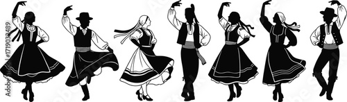 Silhouettes of male and female dancers in traditional German and Austrian folk costumes, showcasing a cultural festival dance.