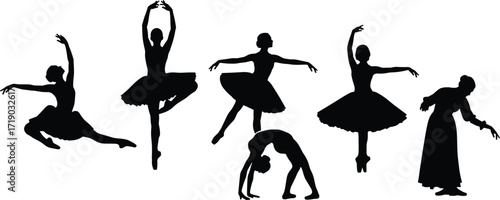 Graceful black silhouettes of female ballerinas dancing on pointes in various elegant and classic ballet poses.
