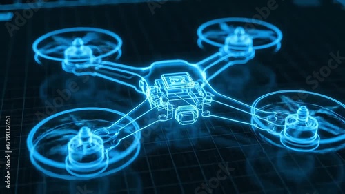 Futuristic glowing drone hologram with intricate circuitry, symbolizing advanced technology and innovation.
