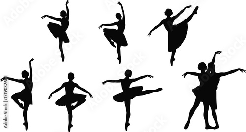 Graceful black silhouettes of female ballerinas dancing on pointes in various elegant and classic ballet poses.