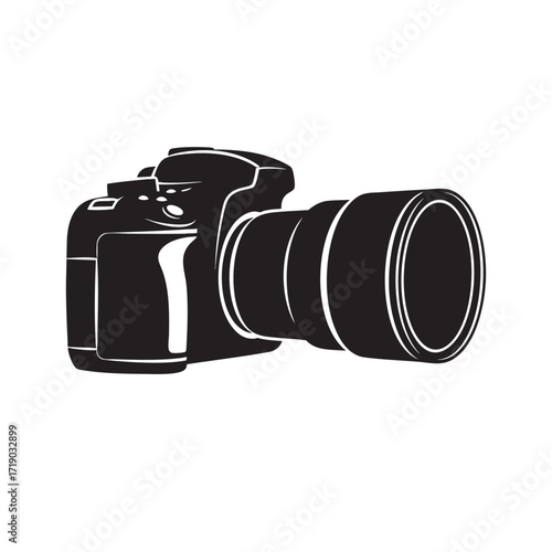Professional black DSLR digital camera body with lens isolated on white background for photography