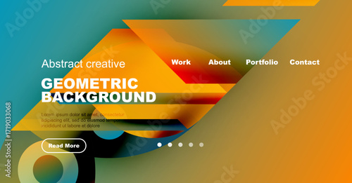 Modern website mockup. Abstract shapes, vibrant colors, navigation menu present. Text details included, button visible. Clean design.