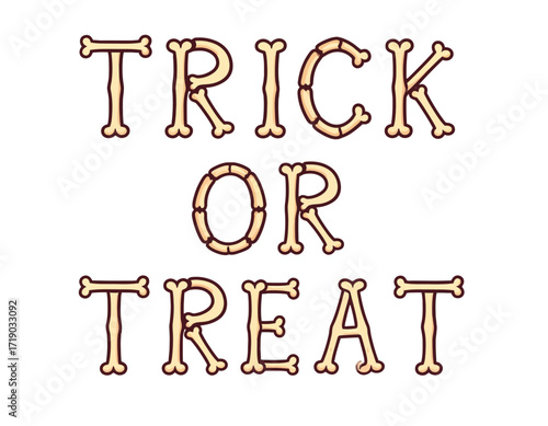 "Trick or Treat" text spelled out using bone-shaped letters, on a white background.