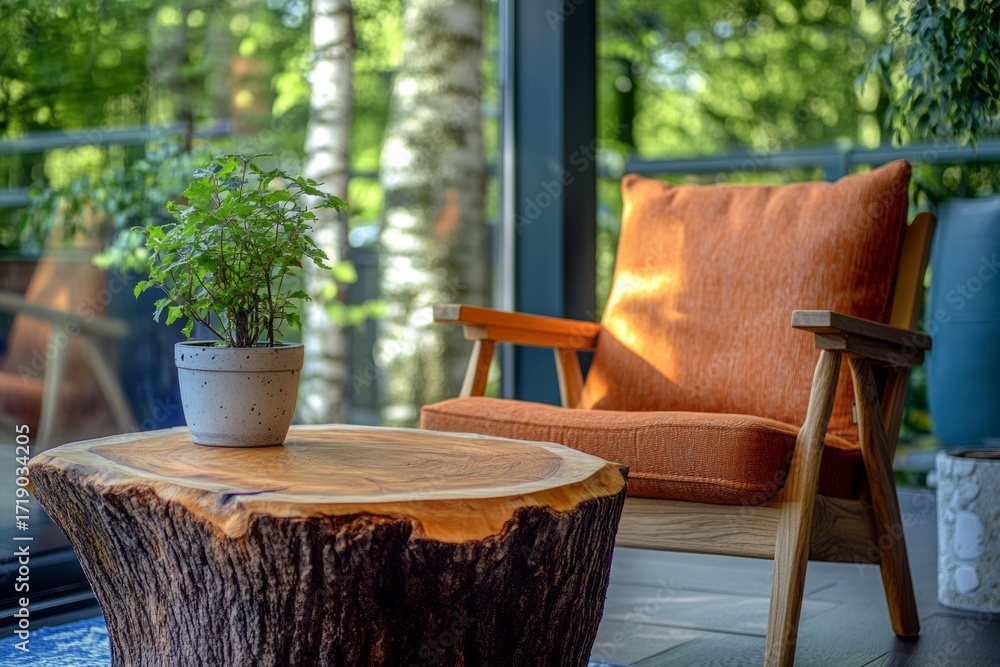 Fototapeta premium A comfortable outdoor seating area featuring a rustic wooden stump table and an orange upholstered chair, bathed in natural light.