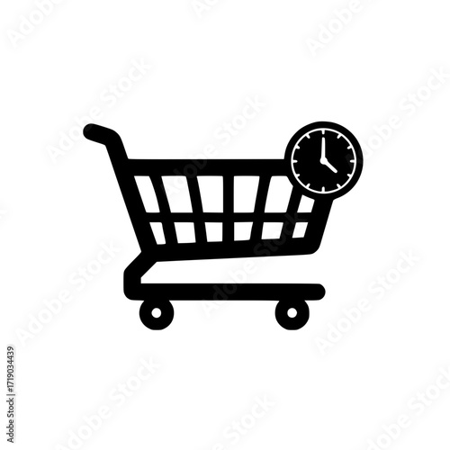 Clean vector of a shopping cart with a small clock representing limited-time offers or rush hour