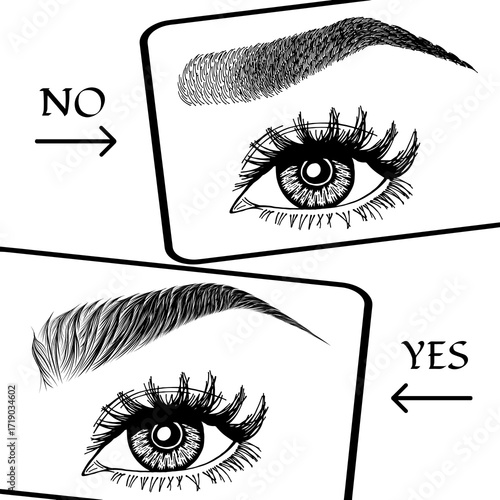 Illustration with woman's eyes, eyelashes and eyebrows. Makeup Look. Tattoo design. Logo for brow bar or lash salon. Wrong and right coloring care. Set of well-groomed and shaggy eyebrows.