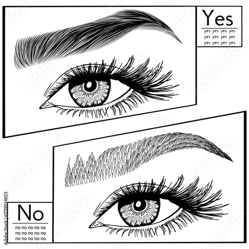 Illustration with woman's eyes, eyelashes and eyebrows. Makeup Look. Tattoo design. Logo for brow bar or lash salon. Wrong and right coloring care. Set of well-groomed and shaggy eyebrows.