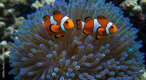 Clownfish swimming among colorful sea anemone tentacles in vibrant coral reef underwater scene