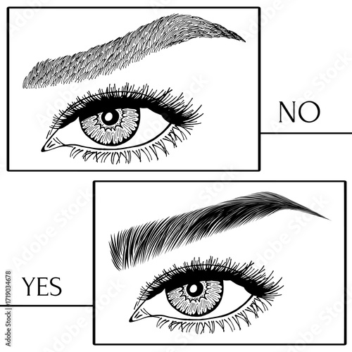 Illustration with woman's eyes, eyelashes and eyebrows. Makeup Look. Tattoo design. Logo for brow bar or lash salon. Wrong and right coloring care. Set of well-groomed and shaggy eyebrows.