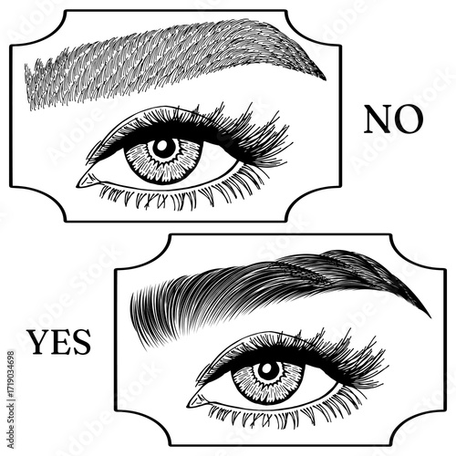 Illustration with woman's eyes, eyelashes and eyebrows. Makeup Look. Tattoo design. Logo for brow bar or lash salon. Wrong and right coloring care. Set of well-groomed and shaggy eyebrows.