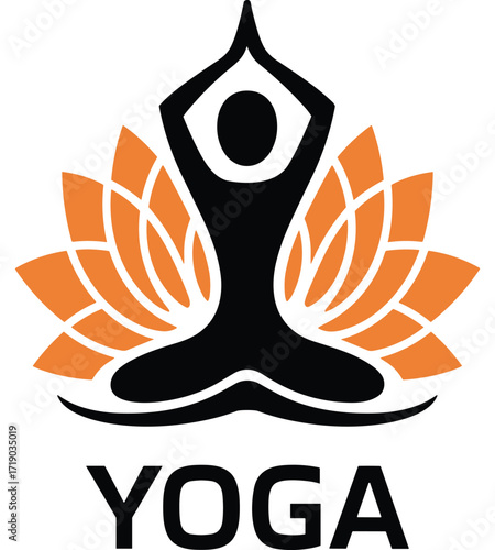 Black yoga pose silhouette with orange lotus flower and bold Y O G A text vector