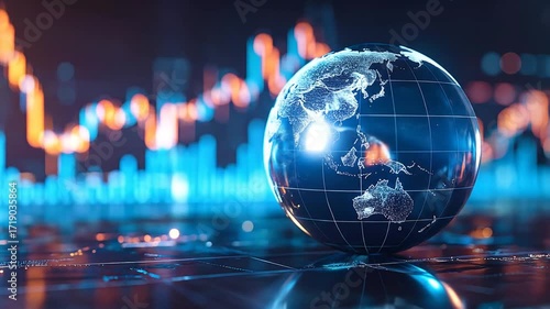 Global financial market trends visualized by a globe on a digital surface with stock market charts in the background.