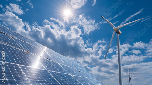 太陽光発電パネルと風力発電機が並ぶ青空の下の再生可能エネルギー風景「生成AI」