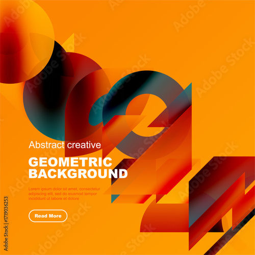 Bright geometric shapes overlap orange backdrop. Text promotes abstract design, includes read more button. Modern, vibrant composition.