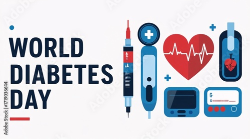 Flat Vector World Diabetes Day Banner with Medical Icons — Blood Drop, Glucometer, Insulin Pen, Heart on Clean White Background