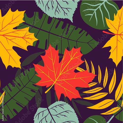 Seamless vector pattern with colorful autumn leaves on a brown background.