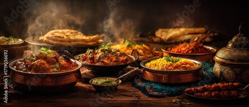 Vibrant Indian Feast Aromatic Curries, Rice and Bread