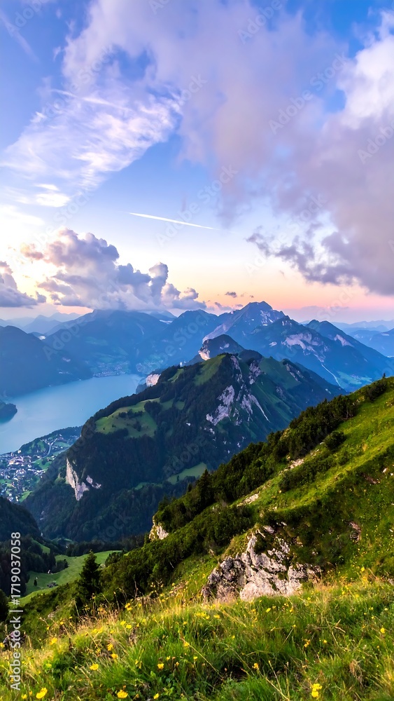 Obraz premium Mountain view at sunset over lake