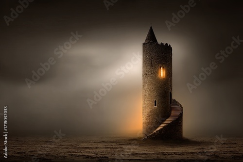 Ancient tower, lit window, stormy sky, desert