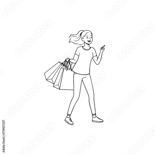 Black and white line art of a beautiful happy woman carrying shopping bags minimalist cheerful illustration