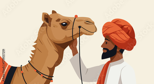 This flat design illustration captures a heartwarming interaction between a traditional Rajasthani man in his turban and a camel, symbolizing the deep connection at the Pushkar Camel Fair. 