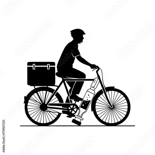Silhouette of a person on a bicycle carrying a vaccine cooler and syringe isolated on transparent background