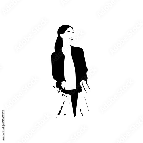 Black and white line art of a beautiful happy woman carrying shopping bags minimalist cheerful illustration
