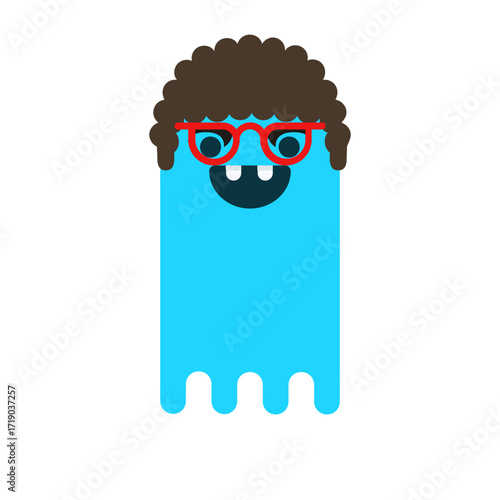 Blue Cartoon Character with Curly Hair and Glasses Vector