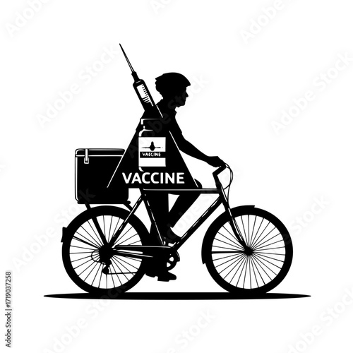 Silhouette of a person on a bicycle carrying a vaccine cooler and syringe isolated on transparent background