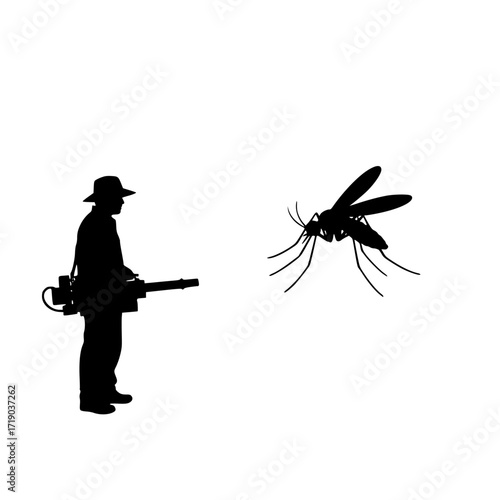 Silhouette of a person spraying a giant mosquito with insecticide in a dramatic scene isolated on transparent background