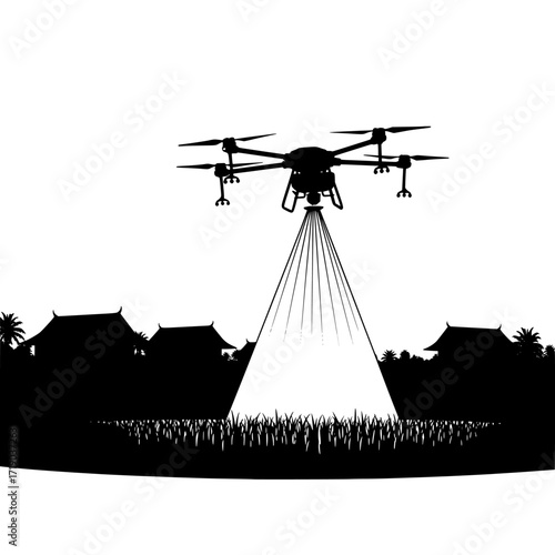 Agricultural drone spraying crops in a field with a silhouette effect isolated on transparent background