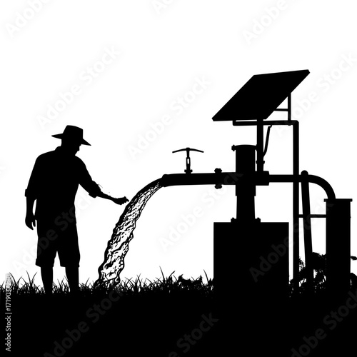 Silhouette of a farmer using a solar powered water pump to irrigate crops under the sun isolated on transparent background
