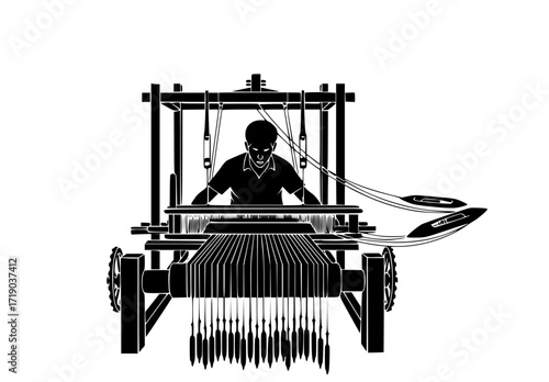 Silhouette of a weaver operating an ancient loom with detailed threads and wooden frame isolated on transparent background
