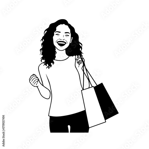 Black and white line art of a beautiful happy woman carrying shopping bags minimalist cheerful illustration